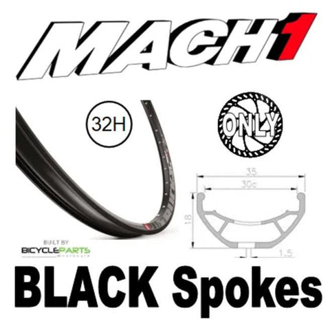 WHEEL - 29er Mach1 TRUCKY-30 32H P/j Black Rim, FRONT 15mm T/A (110mm OLD) 6 Bolt Disc Sealed KT Boost Black Hub, Mach 1 BLACK Spokes
